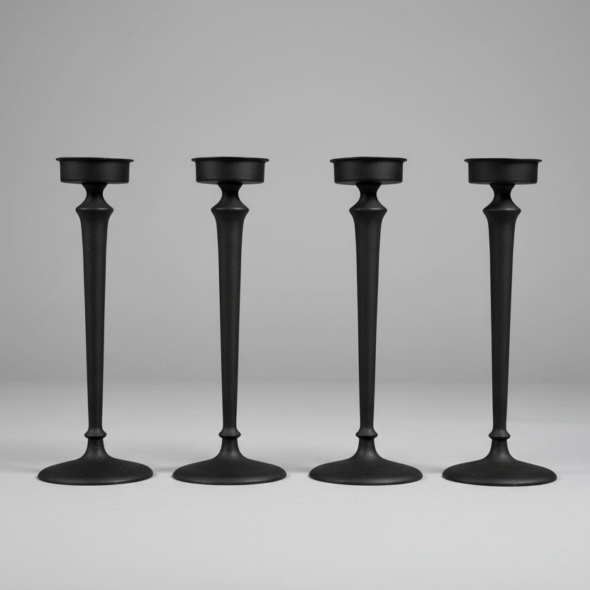 Комплект минималистични свещници от ковано желязо (Minimalist Wrought Iron Candle Holders) – Матово черно – Front Group View