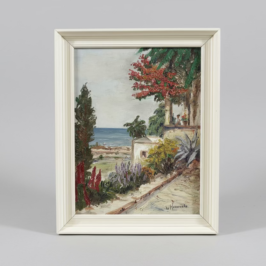 Оригинална маслена картина "Средиземноморски пейзаж" (Original Mediterranean Sea Oil Painting) - Бяла дървена рамка - Front View