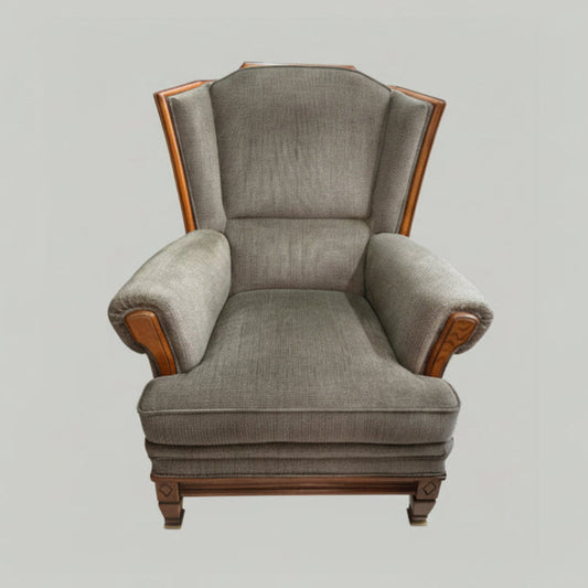 Ретро кресло Art Deco стил (Mid-Century Modern Armchair) - Сиво-кафява дамаска - Front View