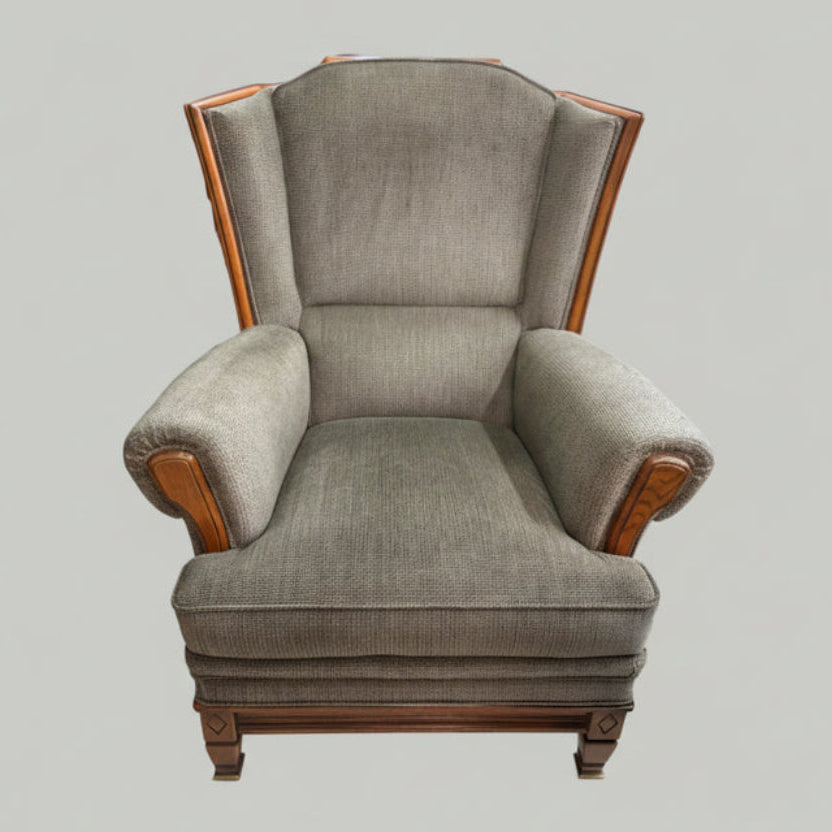 Ретро кресло Art Deco стил (Mid-Century Modern Armchair) - Сиво-кафява дамаска - Front View