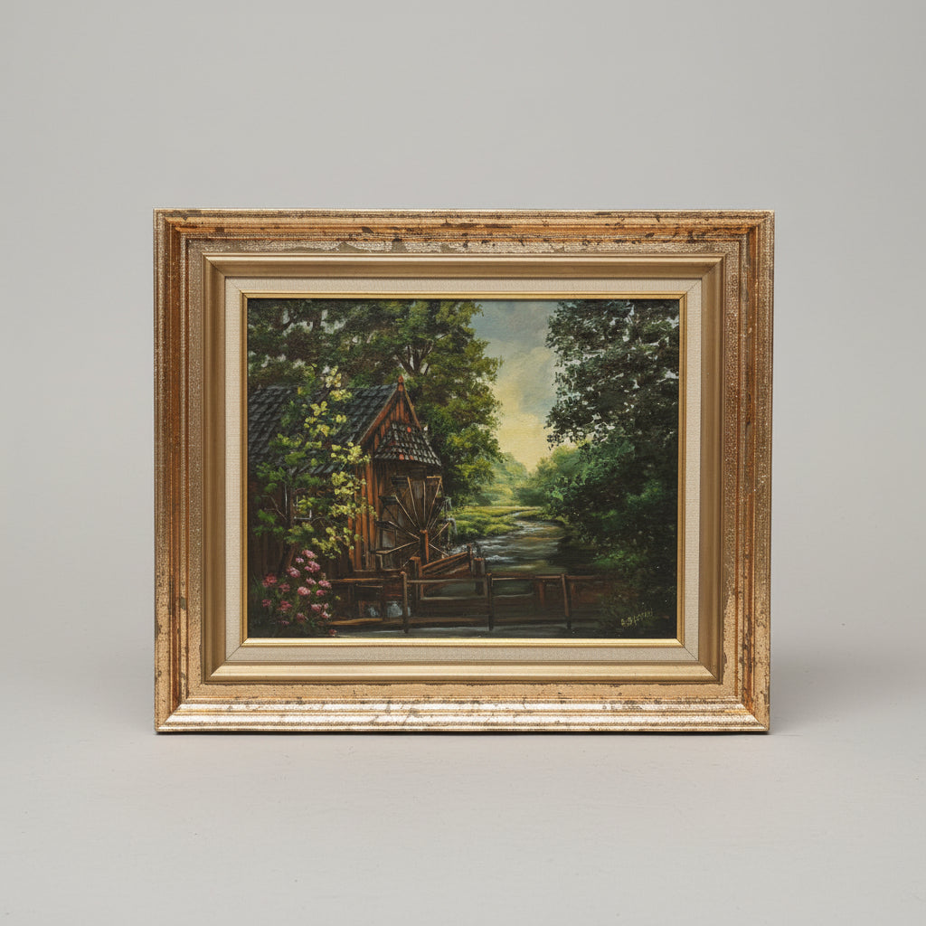 Детайл на маслена картина от Freddy Baeten (Detail of Original Oil Painting by Freddy Baeten) – Белгийски пейзаж с воденица – Close-up View