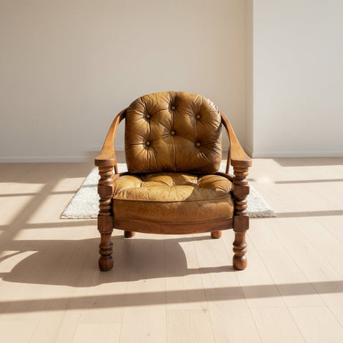 Винтидж кожен клубен фотьойл (Vintage Leather Club Chair) - Естествена кожа и капитониране - Full View