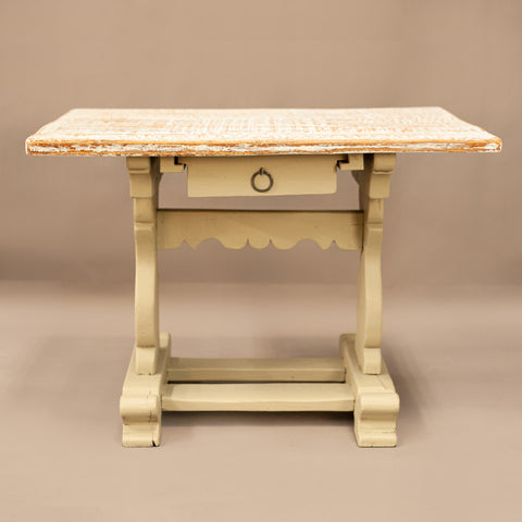 Реновирана старинна масичка в цвят маслина (Refurbished Antique Table in Olive Green) – Рустикален стил – Full Frontal View