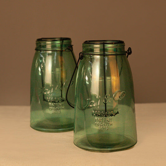 Комплект от 2 зелени стъклени свещника Mason Jar (Set of 2 Green Glass Mason Jar Candle Holders) – Ретро стил – Zoom View